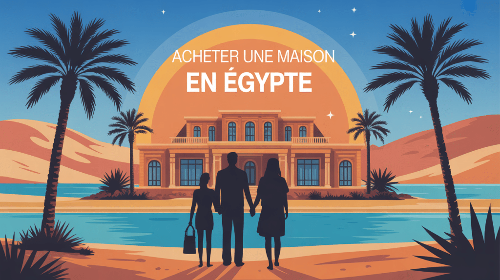 famille devant villa maison en egypte soleil palmiers