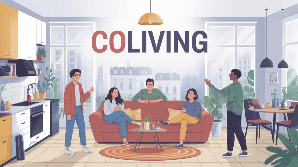 Coliving définition illustration jeunes adultes espace partagé