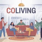 Coliving définition illustration jeunes adultes espace partagé