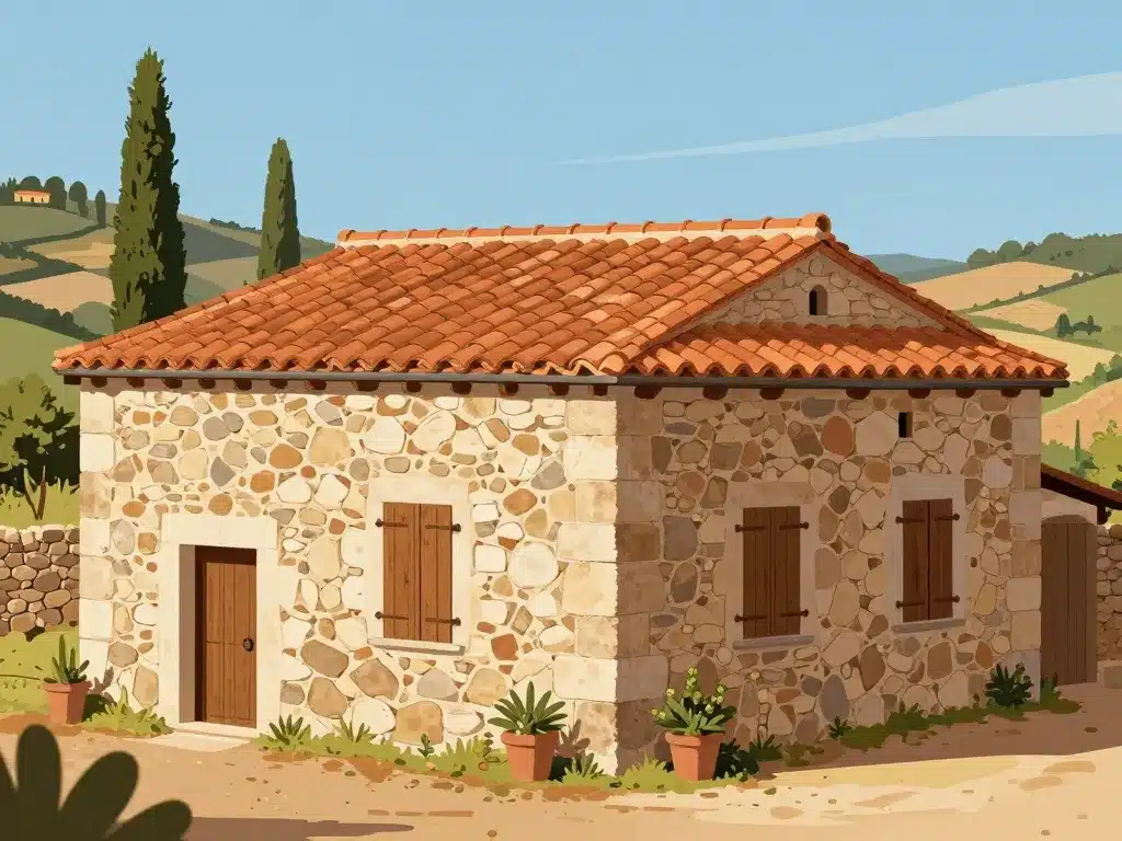 Maison sarde traditionnelle murs pierre et toit tuiles