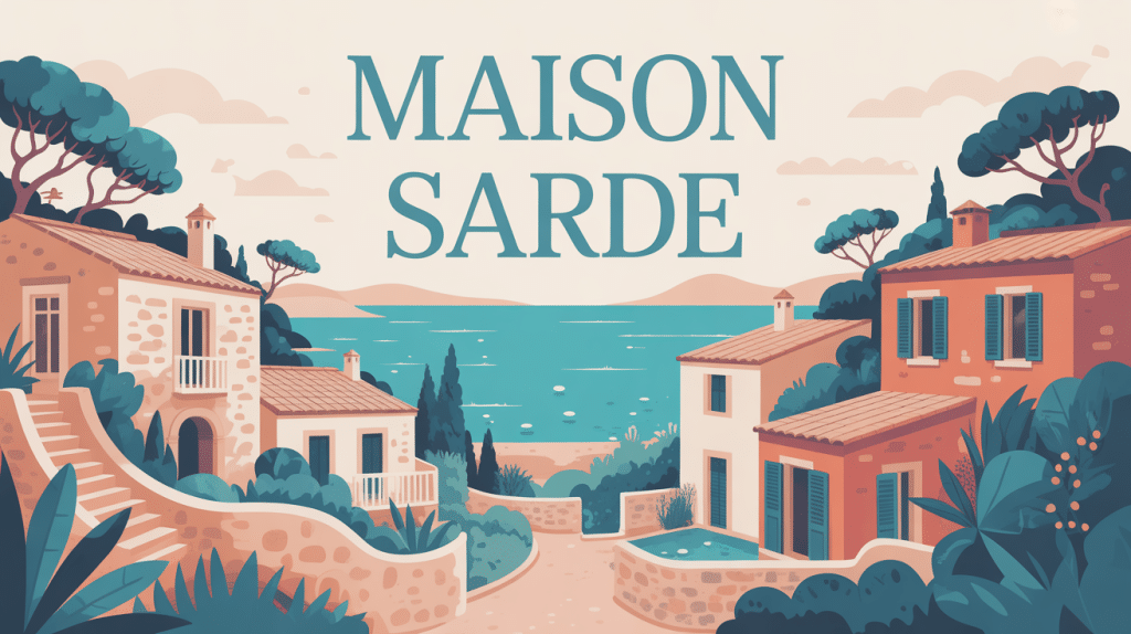 Illustration maison sarde panorama aux styles variés avec mer