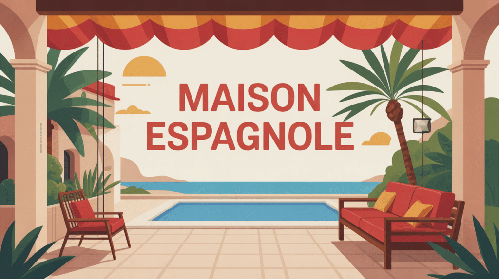 Illustration d'une maison espagnole avec patio et tuiles rouges
