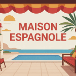 Illustration d'une maison espagnole avec patio et tuiles rouges