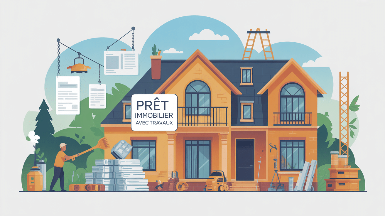 Illustration prêt immobilier avec travaux fait soi-même maison plans outils