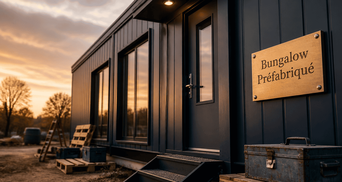 bungalow préfabriqué installé sur chantier en automne