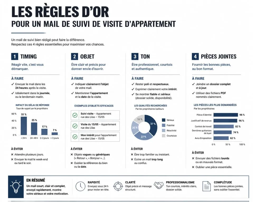 Infographie des règles d'or pour rédiger un mail après une visite d'appartement efficace