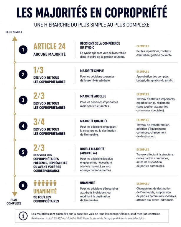 Infographie comparative des majorités en copropriété : article 24, 25, 26 et unanimité