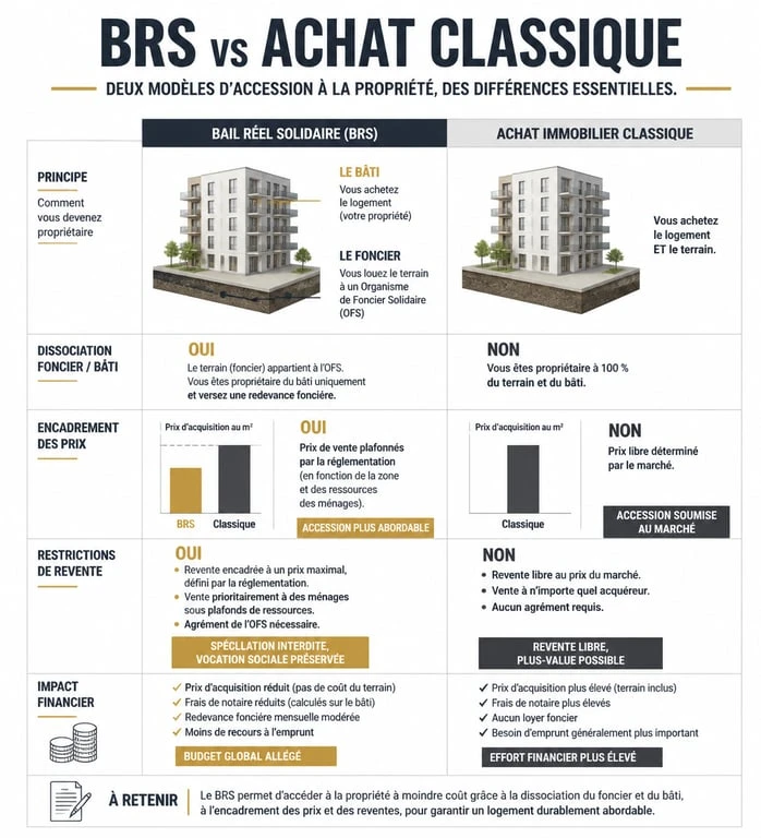 Infographie comparative des inconvénients du Bail Réel Solidaire BRS par rapport à un achat immobilier classique