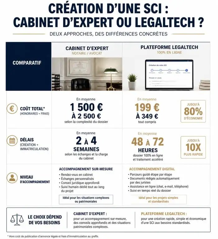 Comparatif création SCI en ligne vs cabinet d'expert