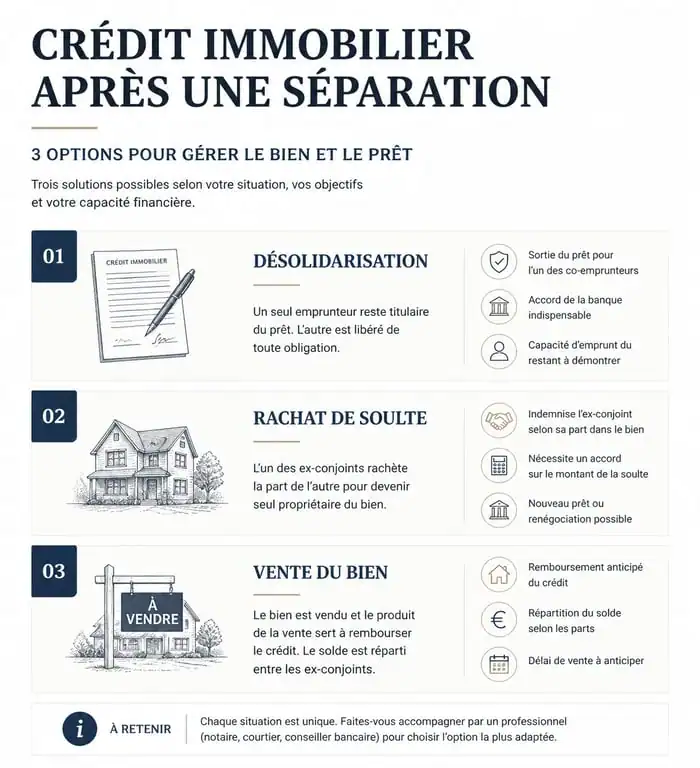 Infographie des solutions pour un crédit immobilier après une séparation : désolidarisation, rachat de soulte et vente