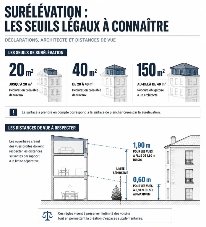 Infographie des règles légales et distances pour un projet de surélévation maison et voisinage