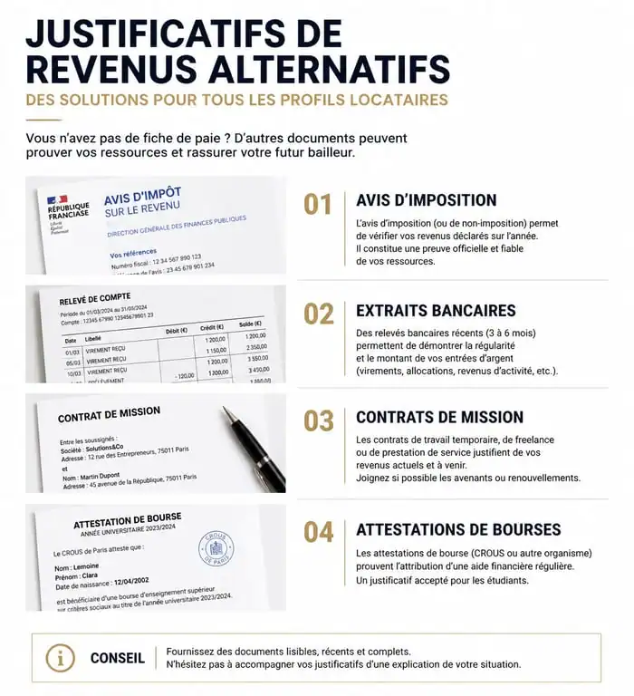 Infographie des justificatifs pour louer sans fiche de paie