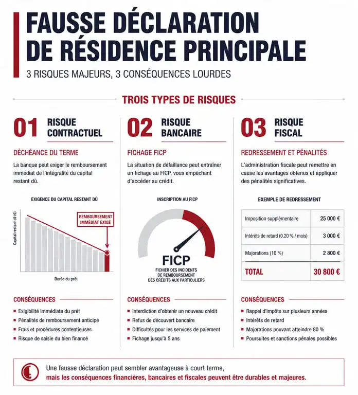 Infographie des risques liés à une fausse déclaration de résidence principale au banquier