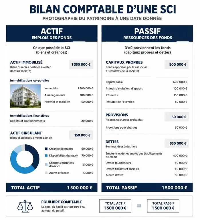 Infographie explicative de la structure d'un bilan comptable pour SCI : Actif et Passif