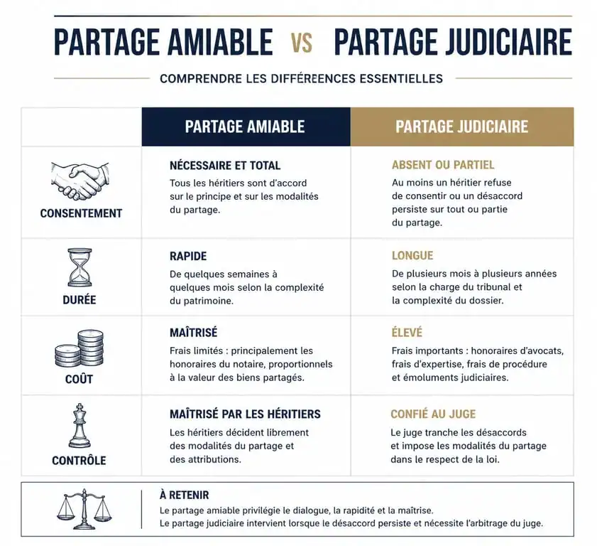 Infographie comparative entre partage amiable et partage judiciaire en cas d'indivision