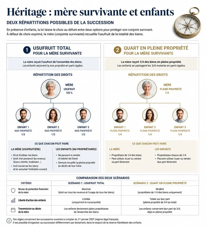 Schéma de répartition de succession père décédé mère vivante entre usufruit et pleine propriété