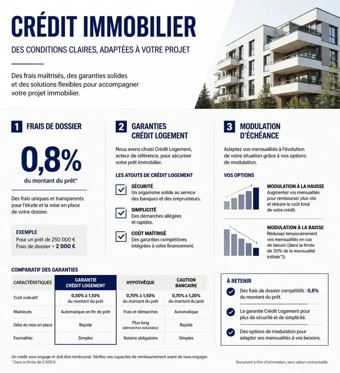 Infographie récapitulative des frais et conditions d'un crédit immobilier à La Banque Postale