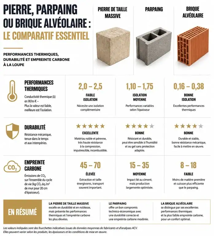 Comparatif des matériaux de construction : pierre de taille massive, parpaing et brique alvéolaire