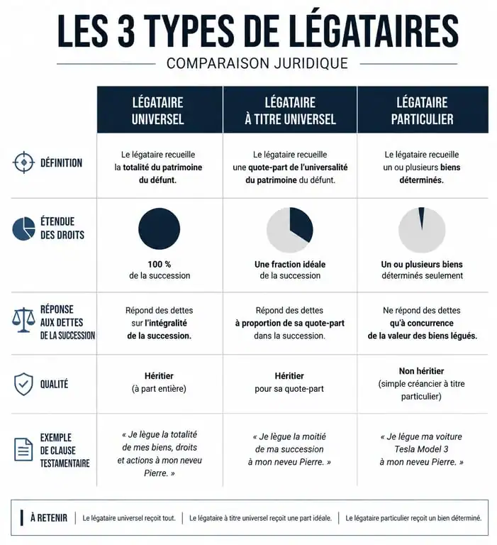 Tableau comparatif des types de légataires : universel, à titre universel et particulier