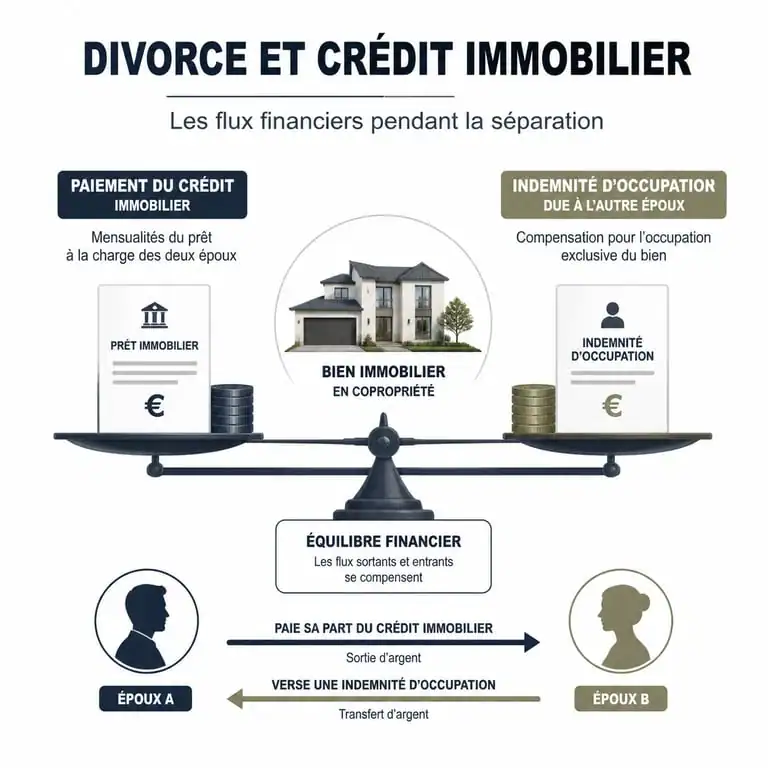 Infographie des flux financiers et indemnité d'occupation lors d'un divorce avec crédit en cours