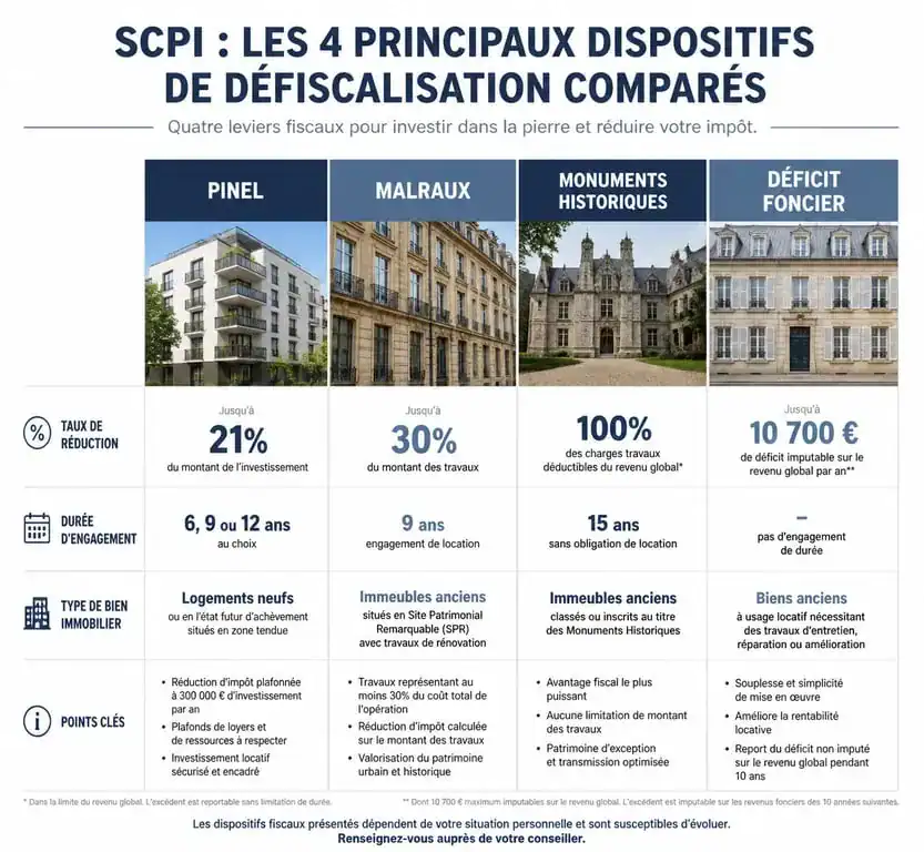 Infographie comparative des dispositifs de défiscalisation SCPI : Pinel, Malraux, Monuments Historiques et Déficit Foncier