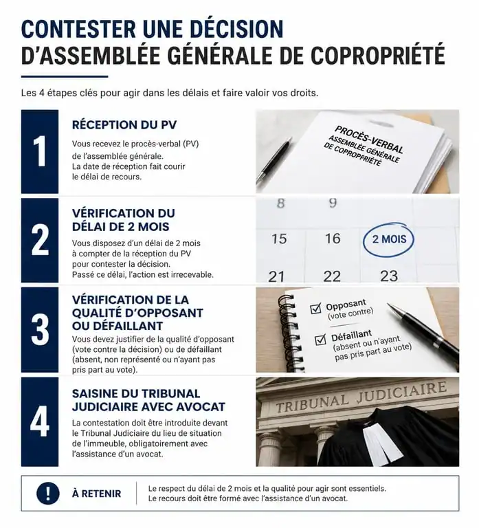 Infographie des étapes de contestation d'une décision d'assemblée générale de copropriété