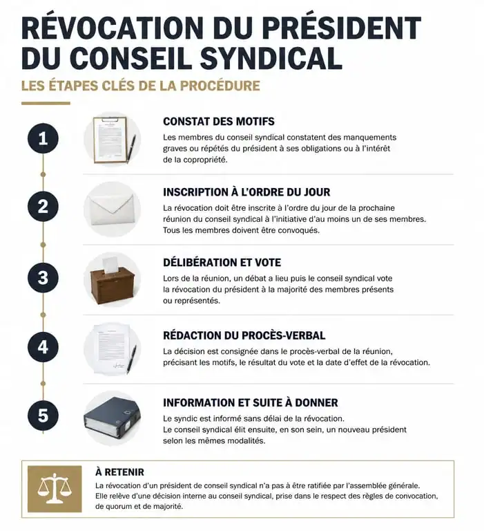 Infographie des étapes de révocation d'un président de conseil syndical autoritaire
