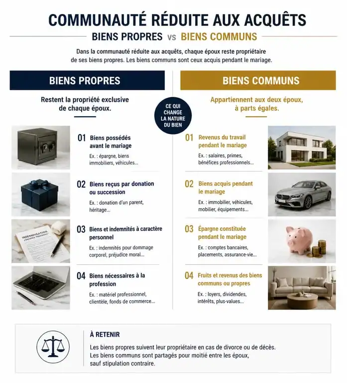 Schéma explicatif des biens propres et communs en cas d'héritage pendant le mariage sans contrat