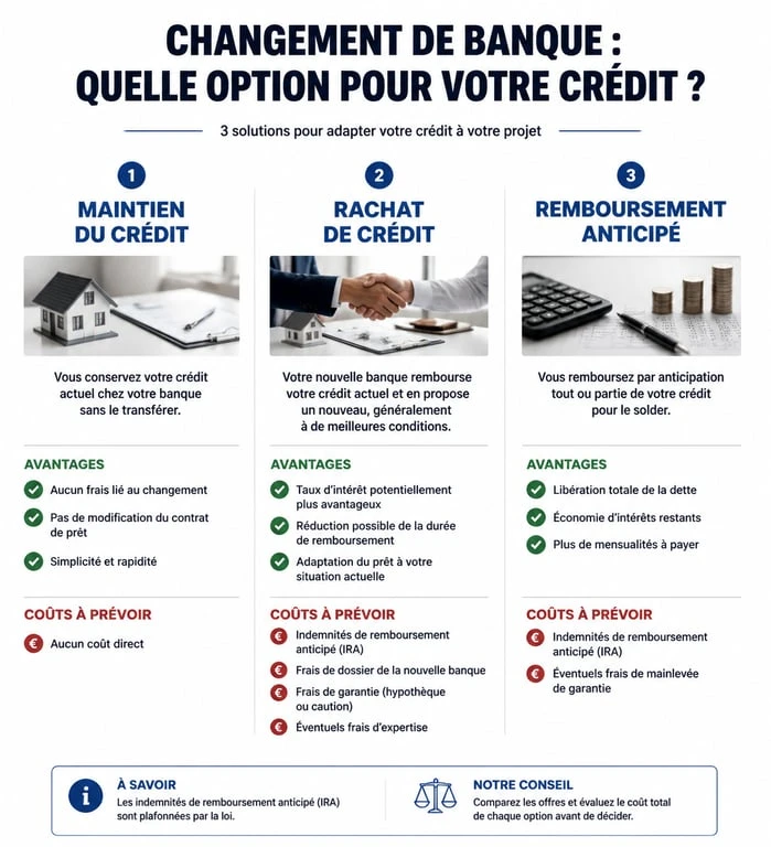 Infographie comparative des solutions pour changer de banque avec un prêt en cours : maintien, rachat ou remboursement anticipé