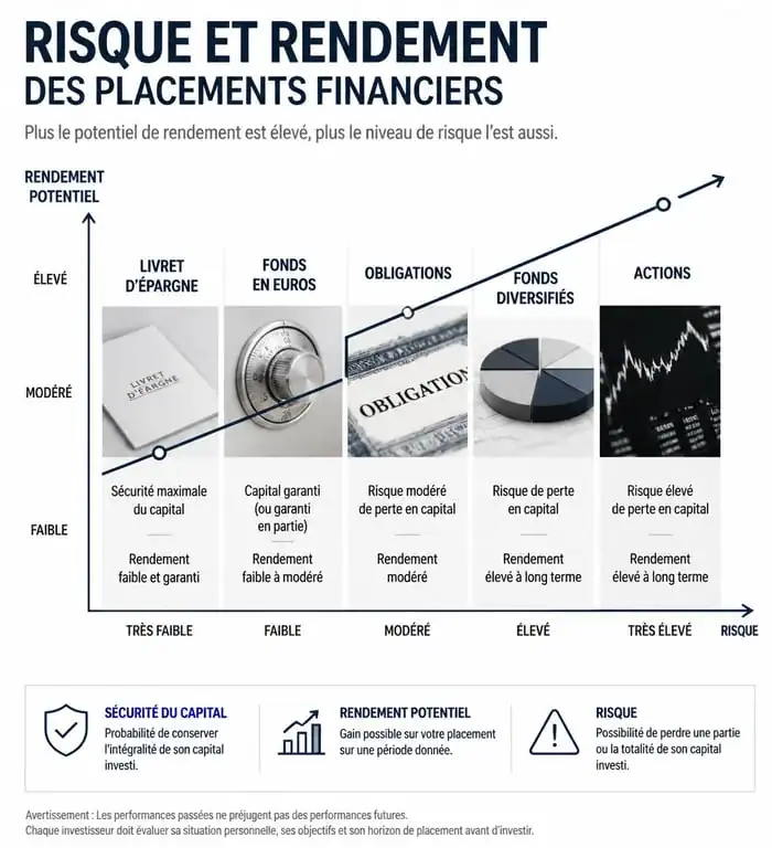 Infographie comparative des rendements et risques pour un placement de 200 000 euros