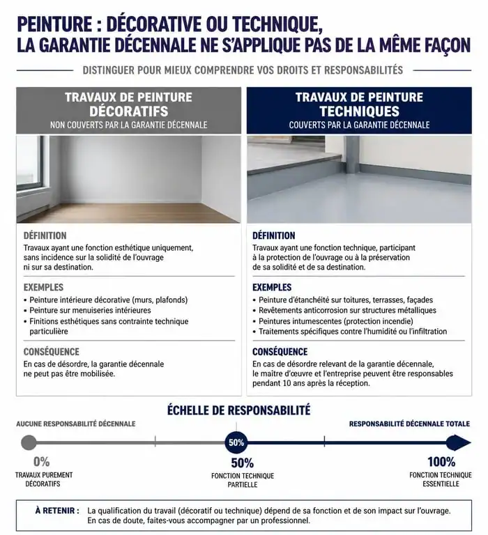 Infographie comparant les travaux de peinture décoratifs et techniques pour la garantie décennale peinture