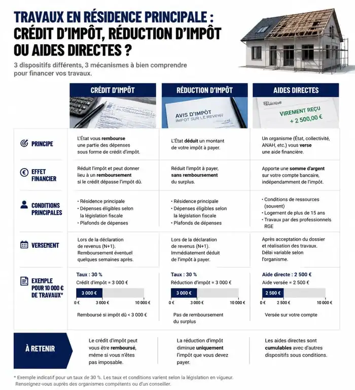 Infographie comparative des dispositifs fiscaux pour les travaux déductibles impôts résidence principale 2024