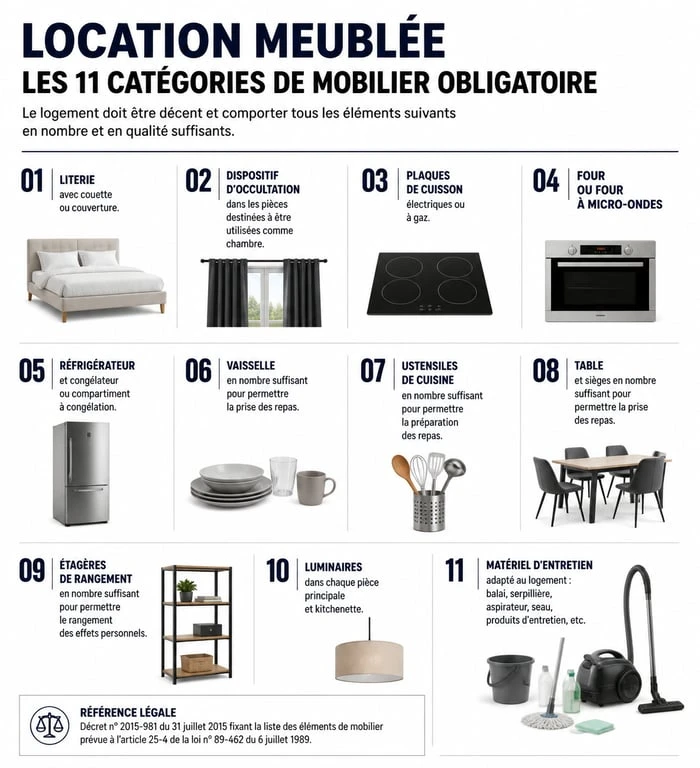 Infographie récapitulative de la liste du mobilier obligatoire pour une location meublée conforme à la loi