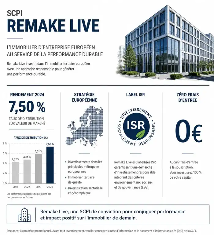 Infographie des performances et caractéristiques de la SCPI Remake Live : rendement, stratégie et frais