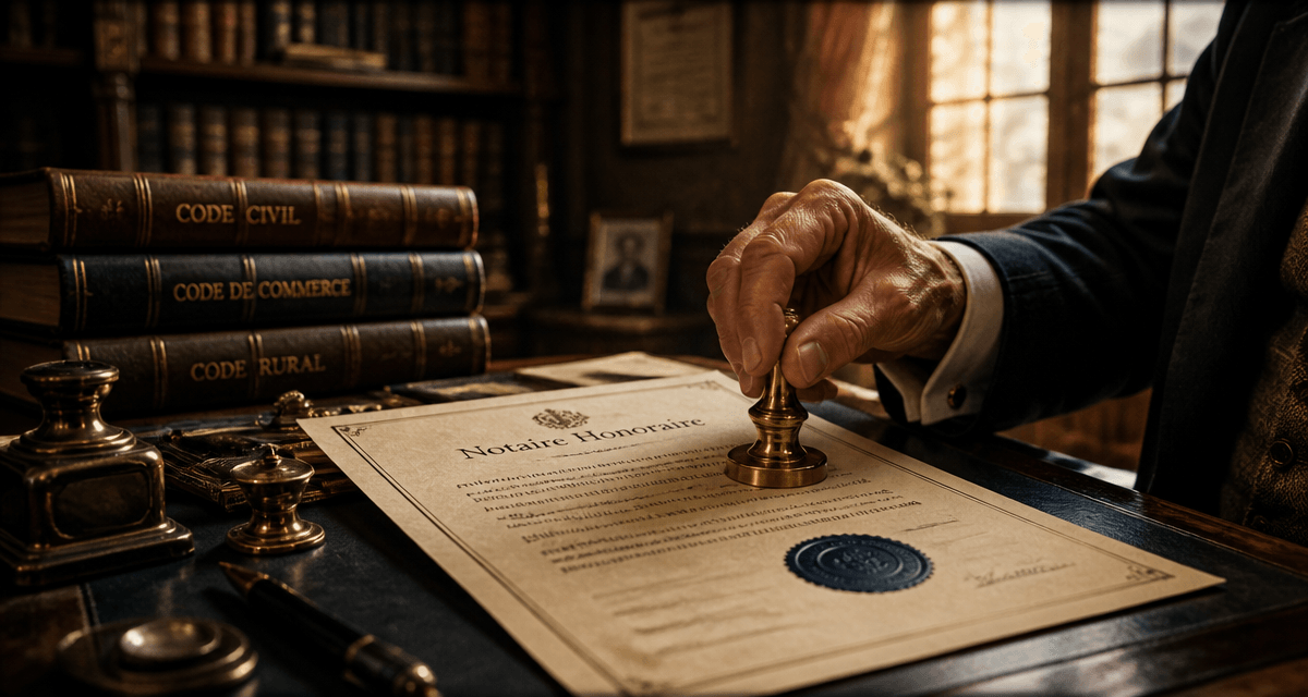 notaire honoraire tamponne un document officiel