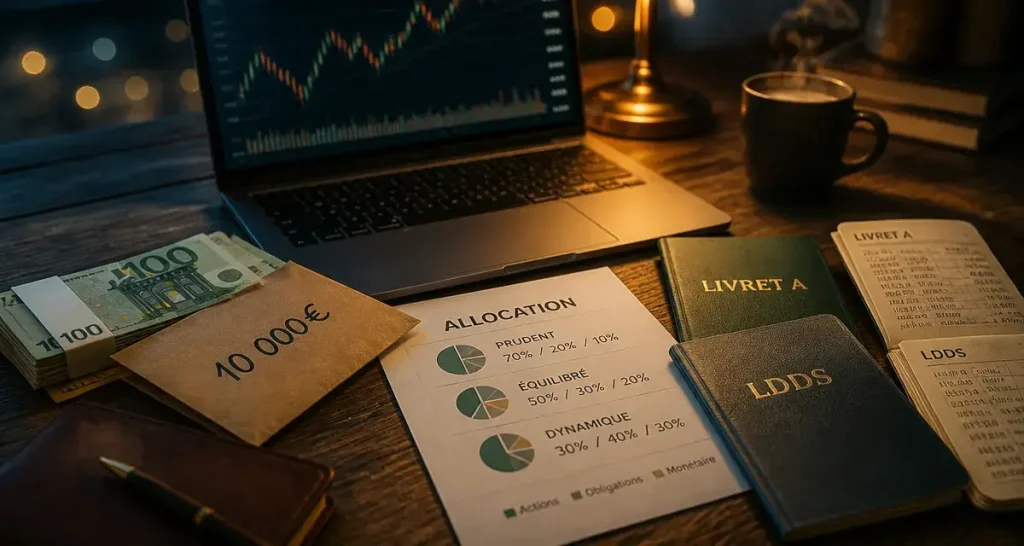 Comment investir 10000 euros : liasse 10 000 € et allocation prudent/équilibré/dynamique