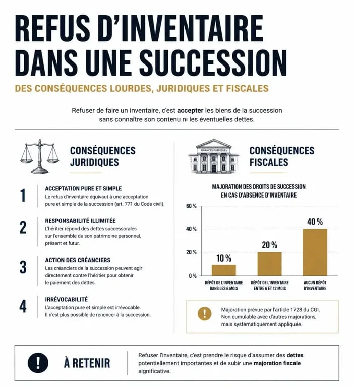 Infographie sur les conséquences juridiques et fiscales du refus inventaire succession