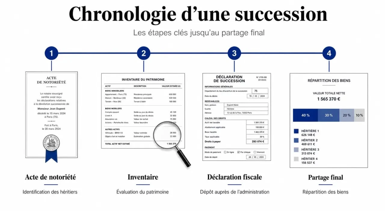 Infographie des étapes et délais de succession pour comprendre combien de temps dure une succession
