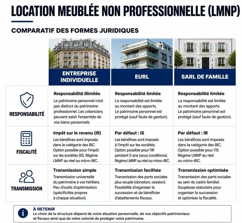 Tableau comparatif des formes juridiques pour le LMNP : EI, EURL et SARL de famille