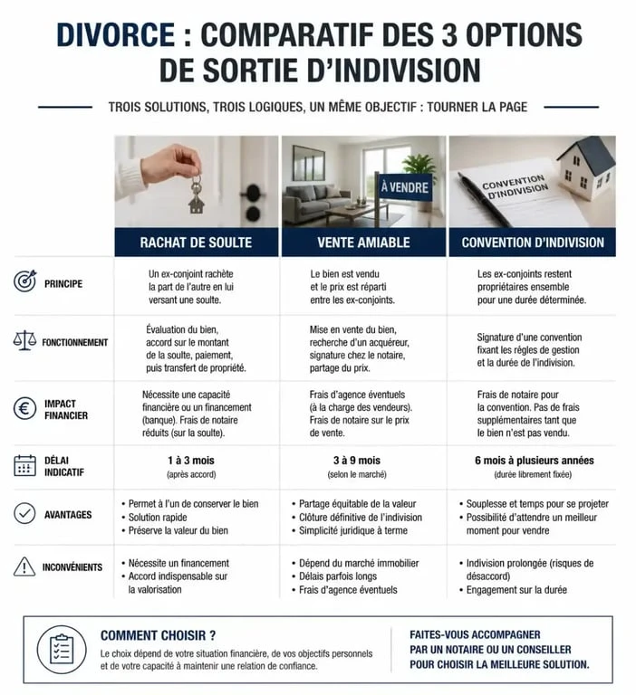 Comparatif des options de sortie d'indivision et divorce : rachat, vente ou convention