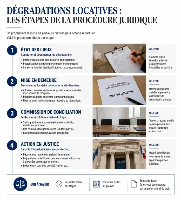 Infographie des étapes pour porter plainte contre son locataire pour dégradation