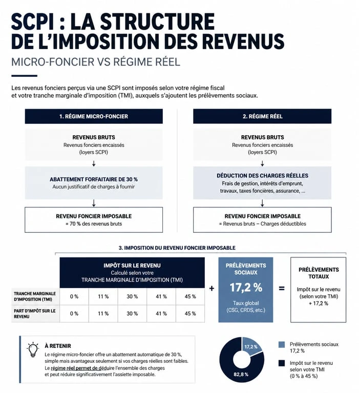 Comparaison visuelle de l'imposition des SCPI entre régime micro-foncier et régime réel