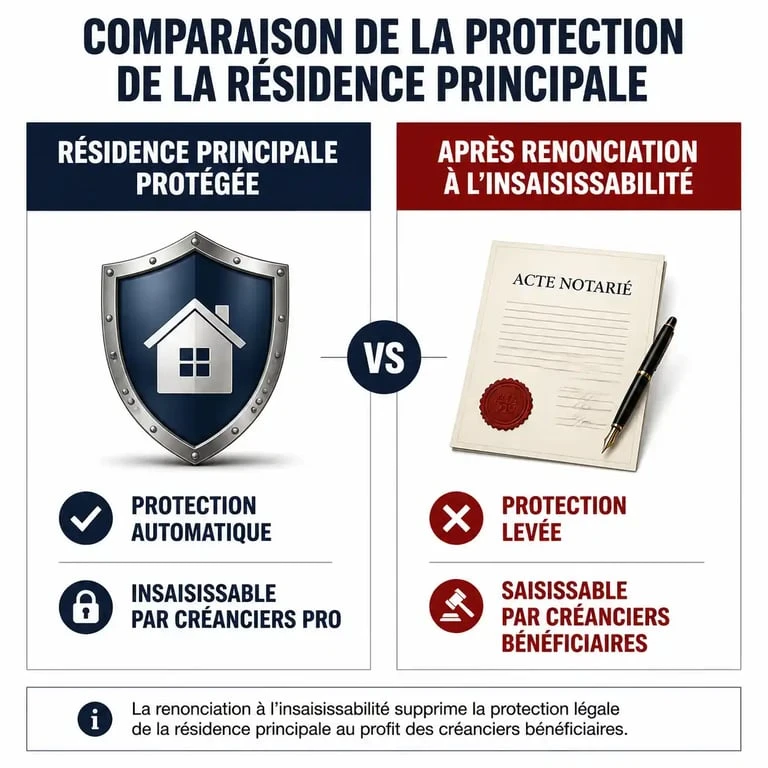 Infographie comparative : protection de la résidence principale de l'entrepreneur vs renonciation à l'insaisissabilité
