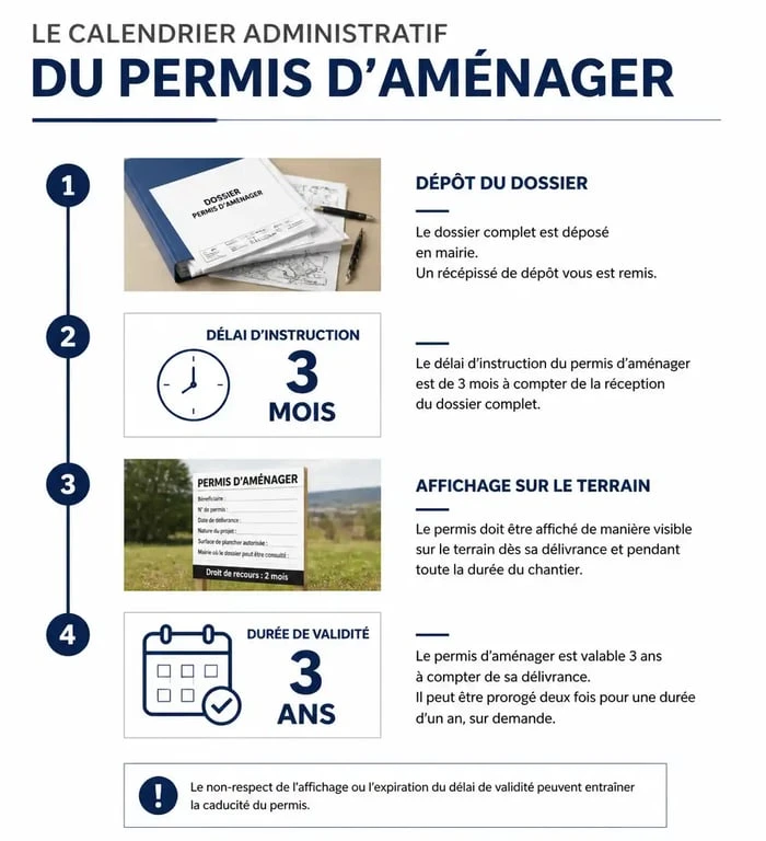 Infographie du calendrier et des étapes clés pour obtenir un permis d'aménager