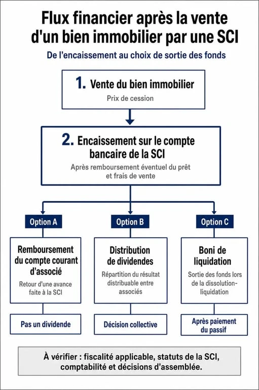 Schéma explicatif des étapes pour récupérer l'argent de la vente d'un bien en SCI