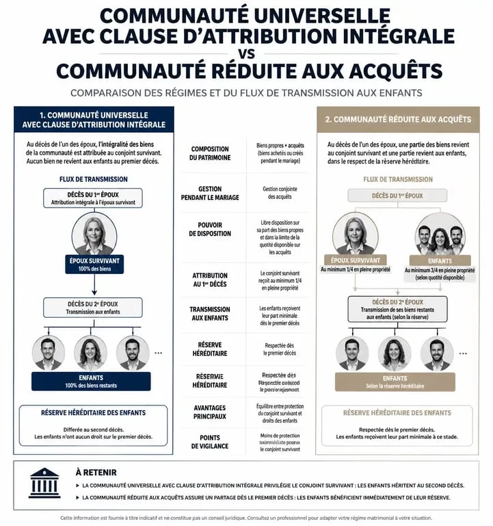 Comparatif des régimes matrimoniaux et transmission du patrimoine : communauté universelle vs régime légal