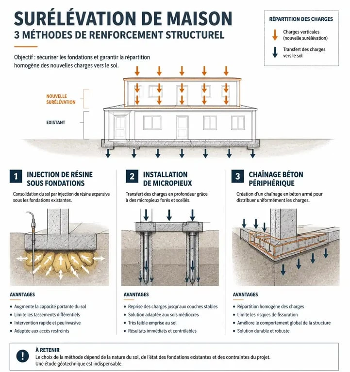 Infographie des techniques de renforcement structurel pour une surélévation de maison ancienne