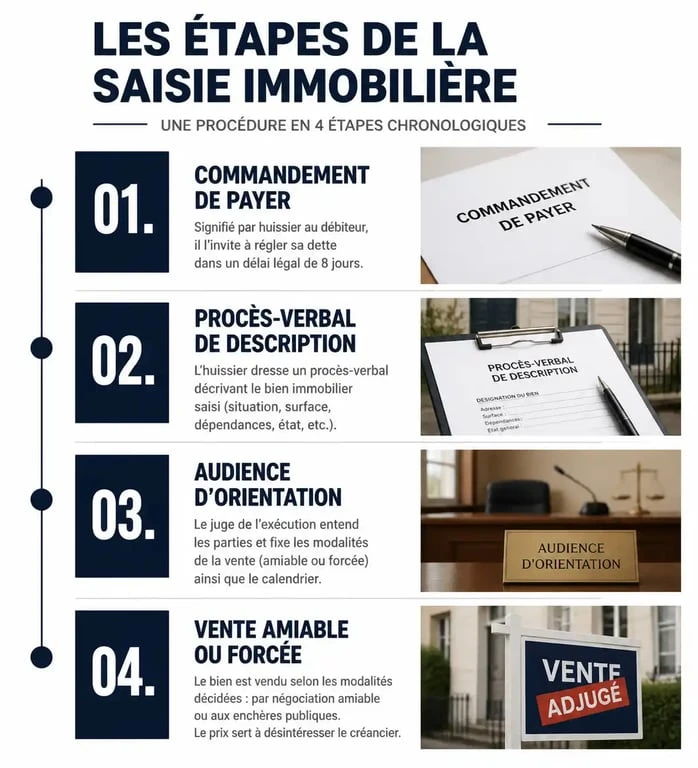 Schéma des étapes de la procédure de saisie immobilière et montant minimum légal