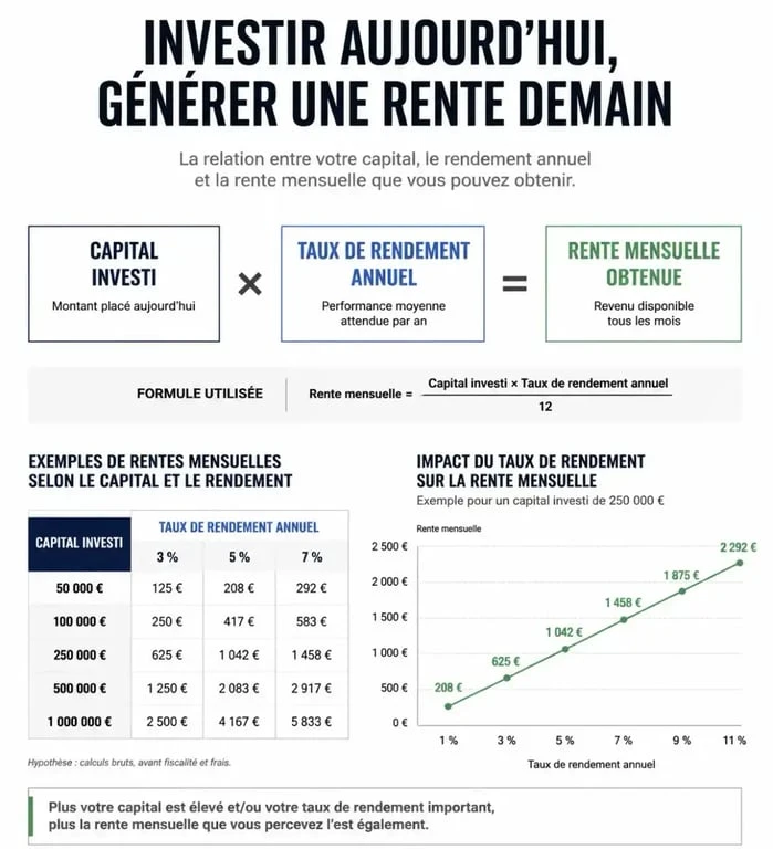 Infographie montrant la simulation de placement avec rente mensuelle selon le capital et le rendement.