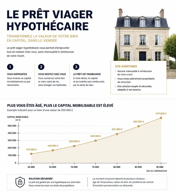 Infographie sur le fonctionnement du prêt viager hypothécaire et le calcul du capital mobilisable selon l'âge.